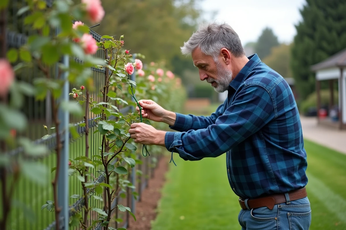 Homme attachant des jeunes rosiers dans le jardin