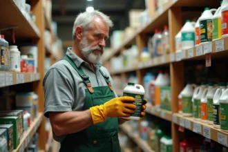 Homme en jardinage lisant une étiquette de glyphosate