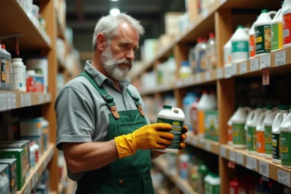 Homme en jardinage lisant une étiquette de glyphosate
