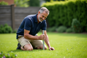 Homme mesurant la hauteur de lherbe dans un jardin
