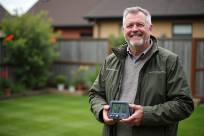 Homme d'âge moyen tenant station météo compacte en extérieur