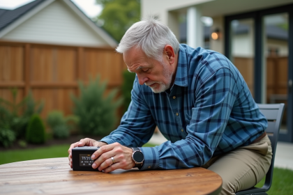 Homme ajustant une station météo dans un jardin domestique