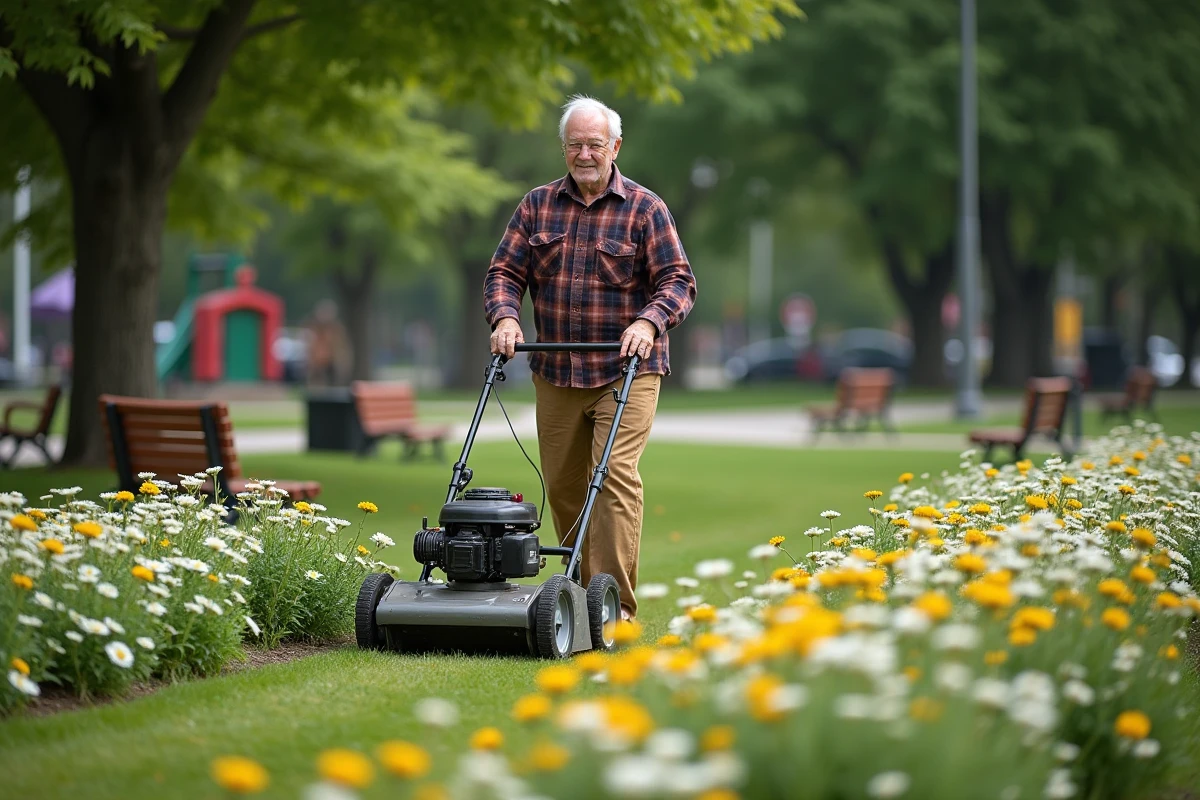 Homme âgé tondant un patch de yarrow et camomille en parc