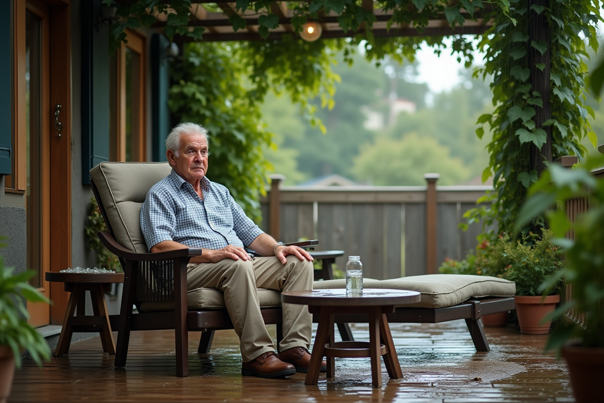Homme essuyant la pluie sous la pergola envahie de plantes