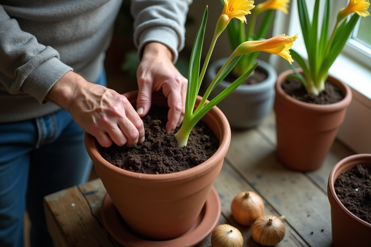 Homme âgé manipulant des bulbes de gladiolus en intérieur