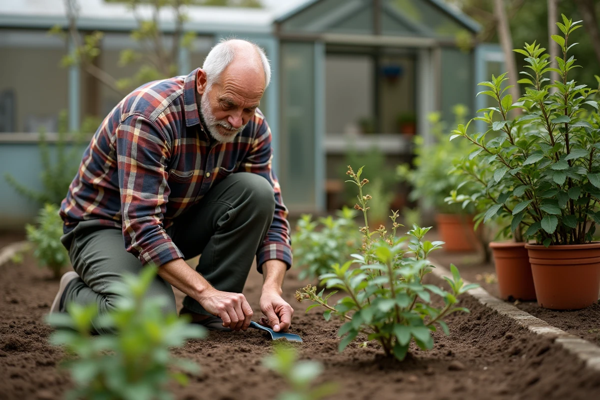 Homme plantant des lauriers dans le sol avec un petit transplantoir
