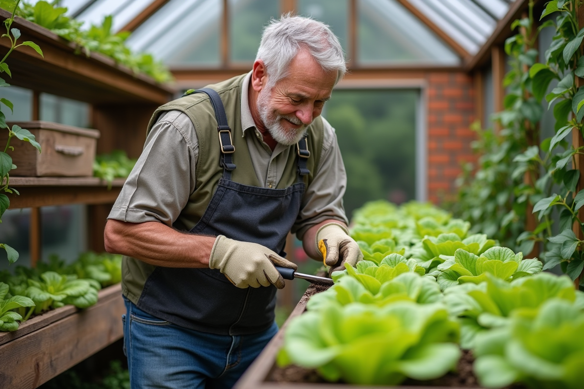 Homme âgé plantant dans une serre avec légumes