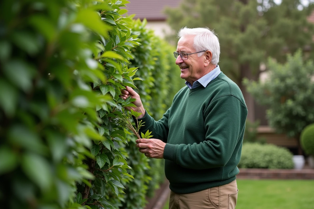 Homme âgé inspectant laurier taillé dans son jardin