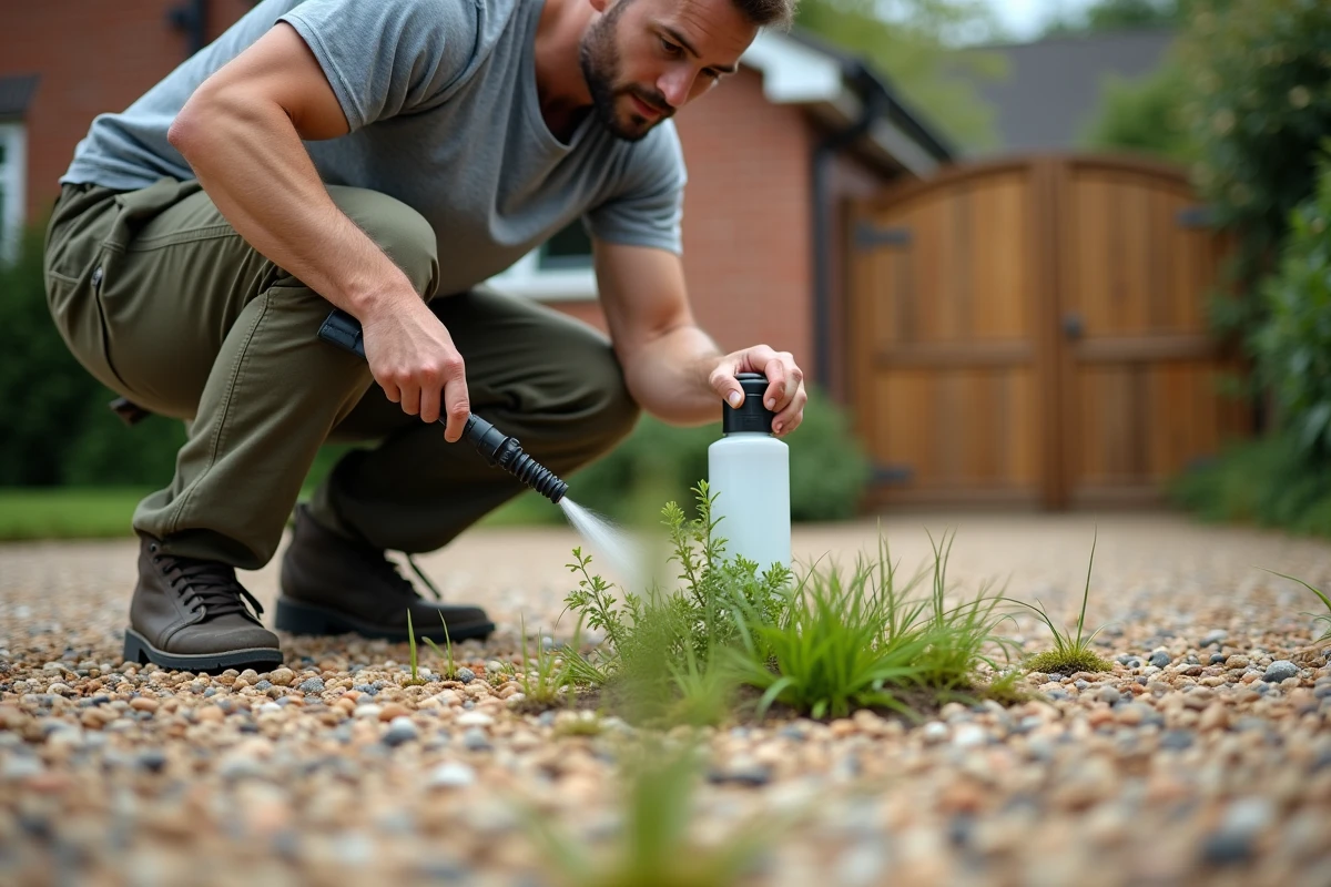 Homme utilisant un pulvérisateur de vinaigre sur les mauvaises herbes d'une allée de graviers devant une maison