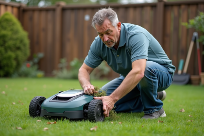 Homme examine une tondeuse robot en panne dans le jardin