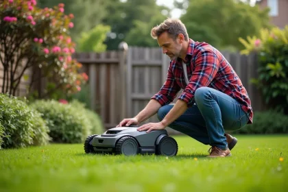 Homme en jeans et chemise à carreaux près d'une tondeuse robot dans un jardin