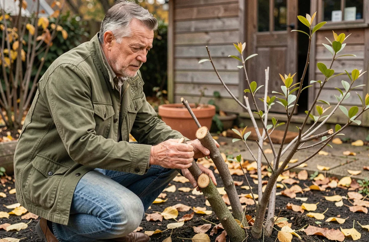 Homme âgé examinant avec regret un seringat mal taillé dans un jardin en automne, erreurs de taille à éviter