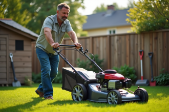 Homme d'âge moyen poussant une tondeuse 170cc dans un jardin