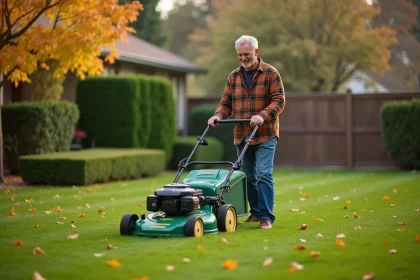 Homme d'âge moyen tondant la pelouse automnale verte