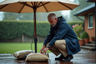 Homme en imperméable ajustant un grand parasol dans le jardin