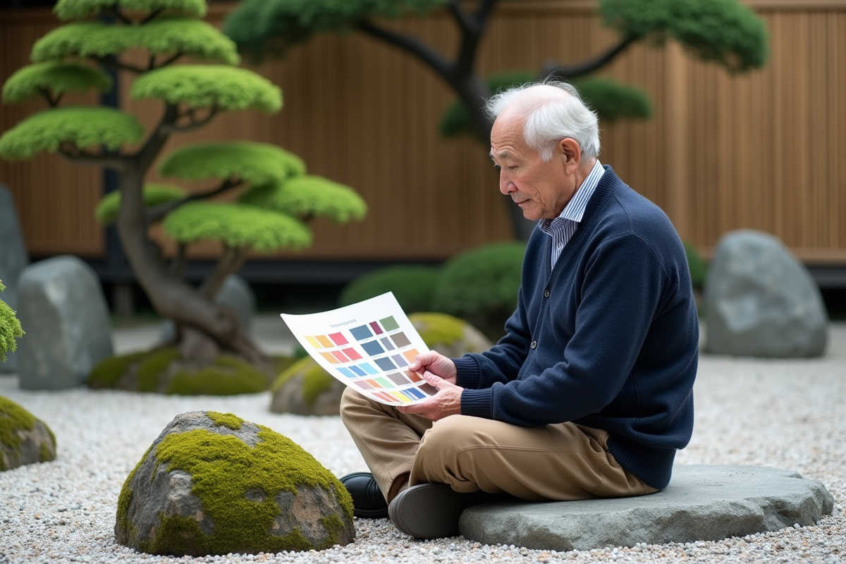 Homme âgé observant un jardin zen avec mousse et gravier