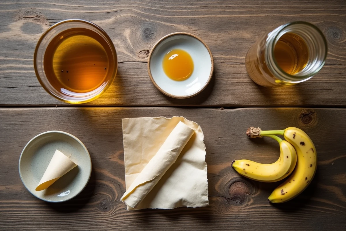 Vue de dessus des ingrédients pour fabriquer un piège à moucherons maison : bocal, vinaigre de cidre, savon liquide et peau de banane sur une table en bois