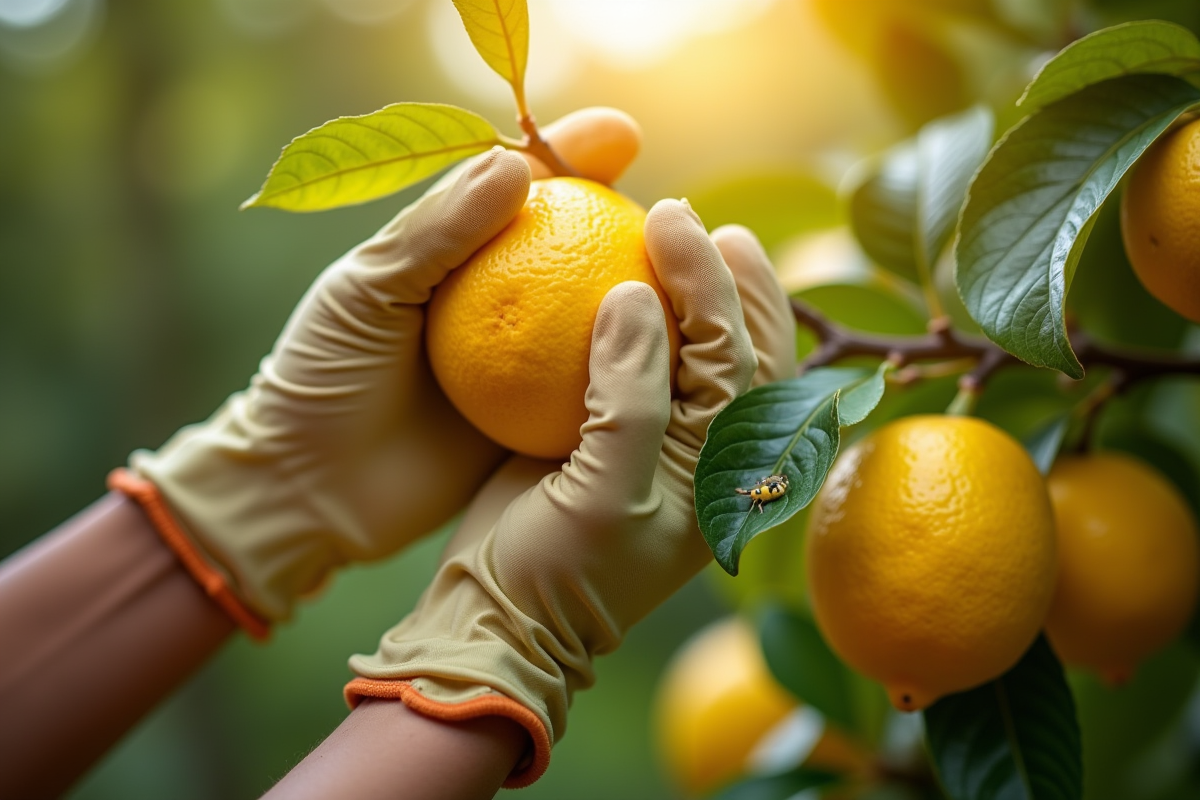 Jardinier inspectant une branche de citronnier au soleil
