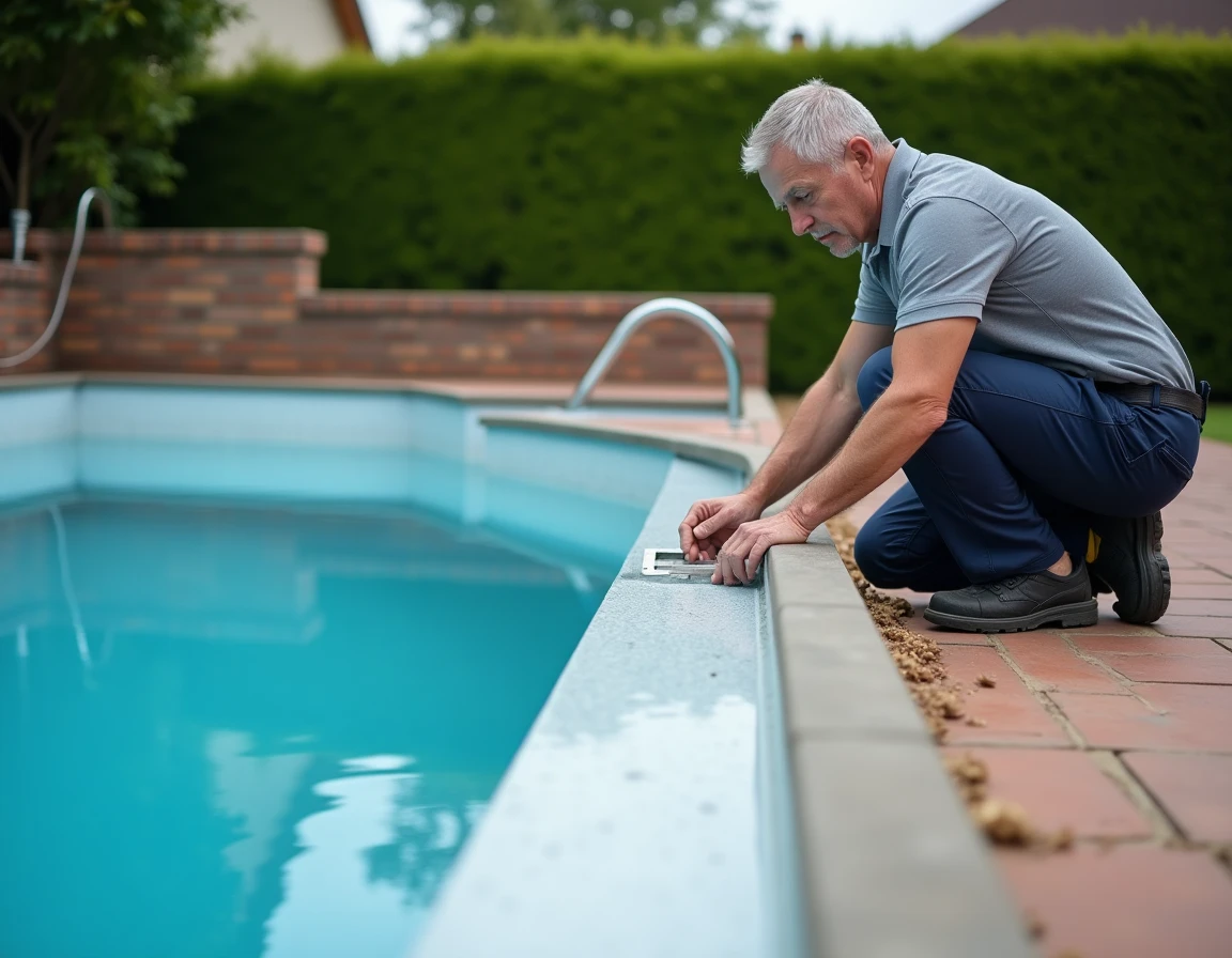 Technicien inspectant le joint d'étanchéité entre une piscine coque et la fondation d'une maison avec membrane imperméable visible