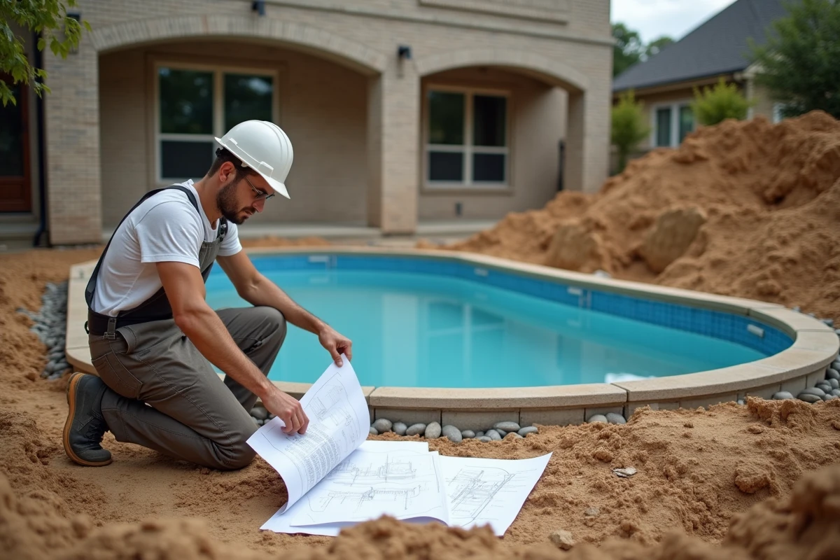 Installateur de piscine coque examinant des plans techniques sur le chantier d'installation avec maison en brique en arrière-plan