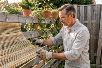 Homme installant un brise vue en bambou sur une clôture en bois dans un jardin urbain