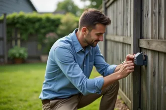 Homme moyenâgeux installe un capteur météo dans un jardin