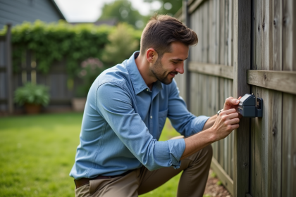 Homme moyenâgeux installe un capteur météo dans un jardin