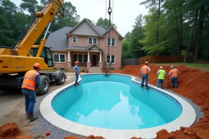 Installation d'une piscine coque en polyester dans un jardin résidentiel avec grue et ouvriers en gilets de sécurité près d'une maison en brique