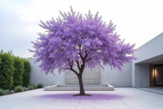 Jacaranda en pleine floraison violette dans un jardin contemporain minimaliste avec dallage en béton