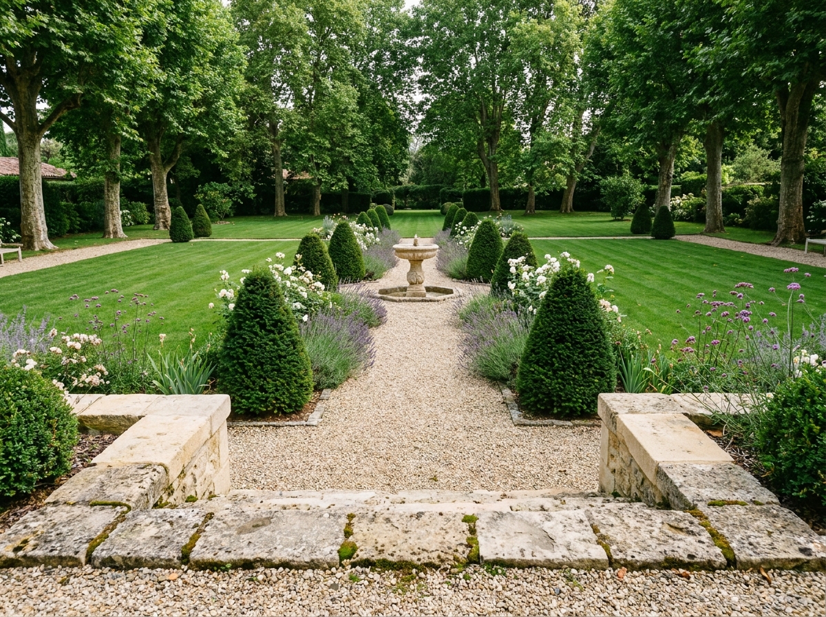 Jardin privé aménagé par un paysagiste professionnel à Bordeaux avec allée en gravier et topiaires taillés