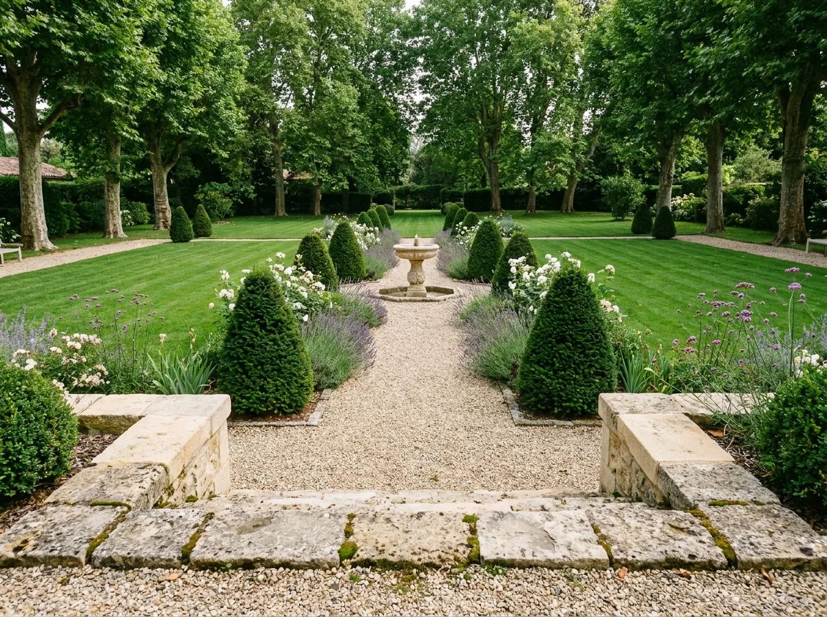 Jardin privé aménagé par un paysagiste professionnel à Bordeaux avec allée en gravier et topiaires taillés