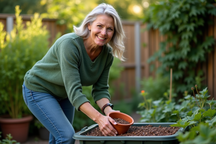 Femme en jardinage compostant dans son jardin ensoleille