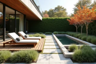 Jardin contemporain clé en main avec deck en teck, plantations géométriques et bassin en pierre naturelle