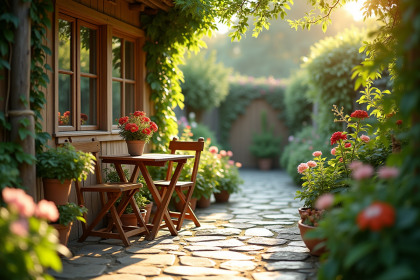 Petit jardin cosy avec plantes vertes et table en bois