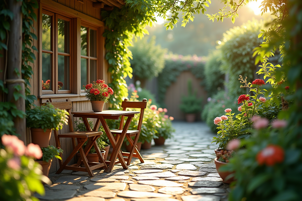 Petit jardin cosy avec plantes vertes et table en bois