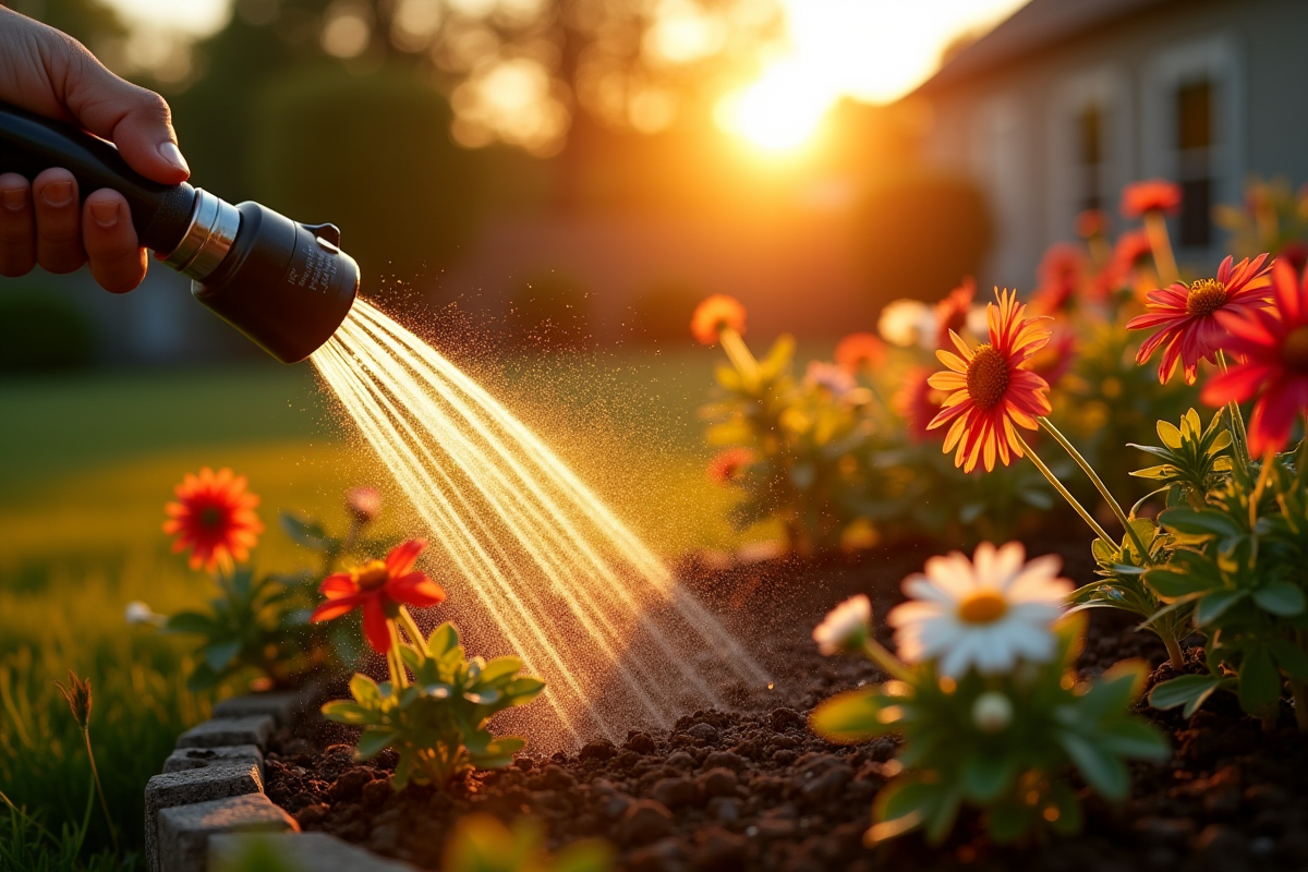 Arrosage des fleurs du jardin au coucher du soleil