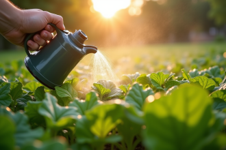 Personne arrosant un jardin de légumes au matin