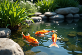 Étang de jardin avec poissons koi colorés et plantes aquatiques