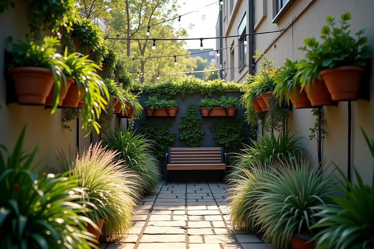 Jardin vertical en ville avec mur végétal et éclairage