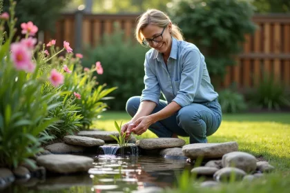 Femme d'âge moyen arrangeant des plantes aquatiques dans son jardin