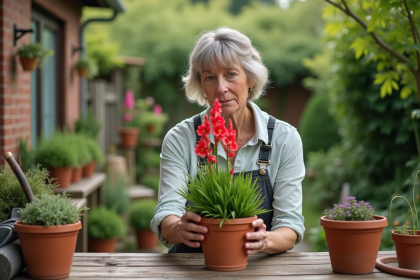 Femme en jardinage soulevant un gladiolus dans le jardin