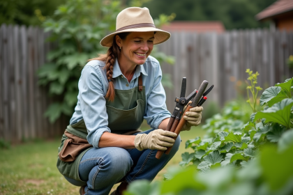 Femme de jardinage avec outils dans un jardin