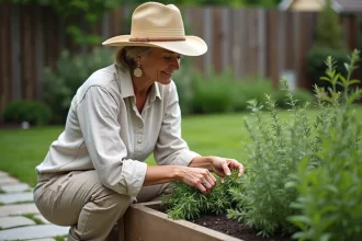 Femme en chapeau de paille prune des herbes dans le jardin