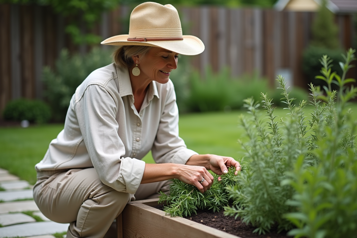 Femme en chapeau de paille prune des herbes dans le jardin