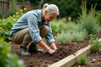 Femme en jardinage étalant du mulch dans un jardin