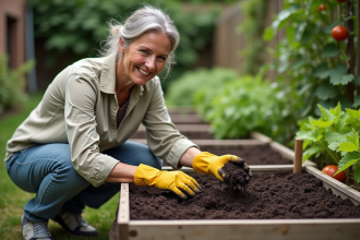 Femme jardinant dans un potager avec terre sombre et légumes verts