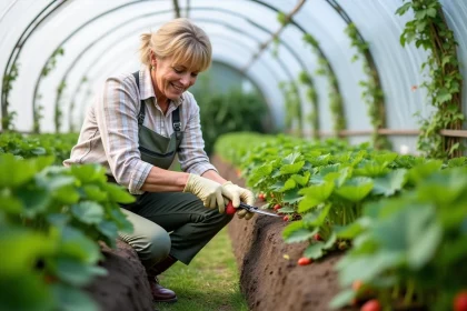 Femme en jardinage dans une serre avec plants de fraises