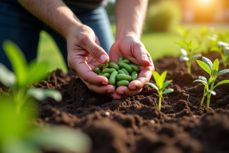 Mains de jardinier semant des graines de haricots verts dans la terre