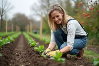 Femme plantant des graines de haricots verts dans le jardin