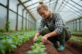 Femme en jardinage dans une serre moderne
